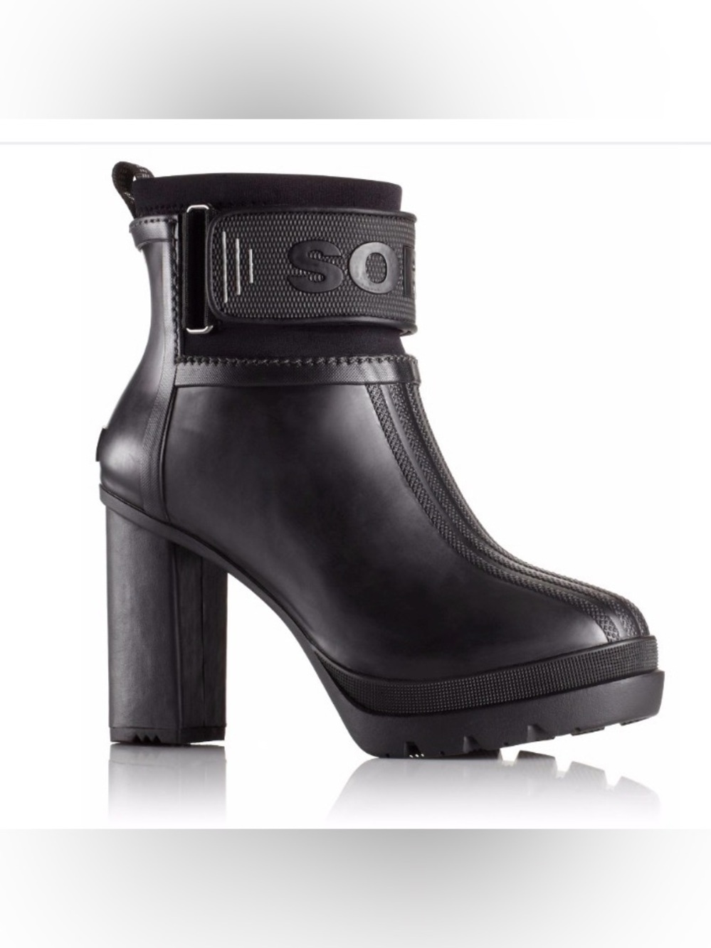 Sorel Black Women's Block Heel Platform Rain Ankle Boots with Logo Strap sz 6.5